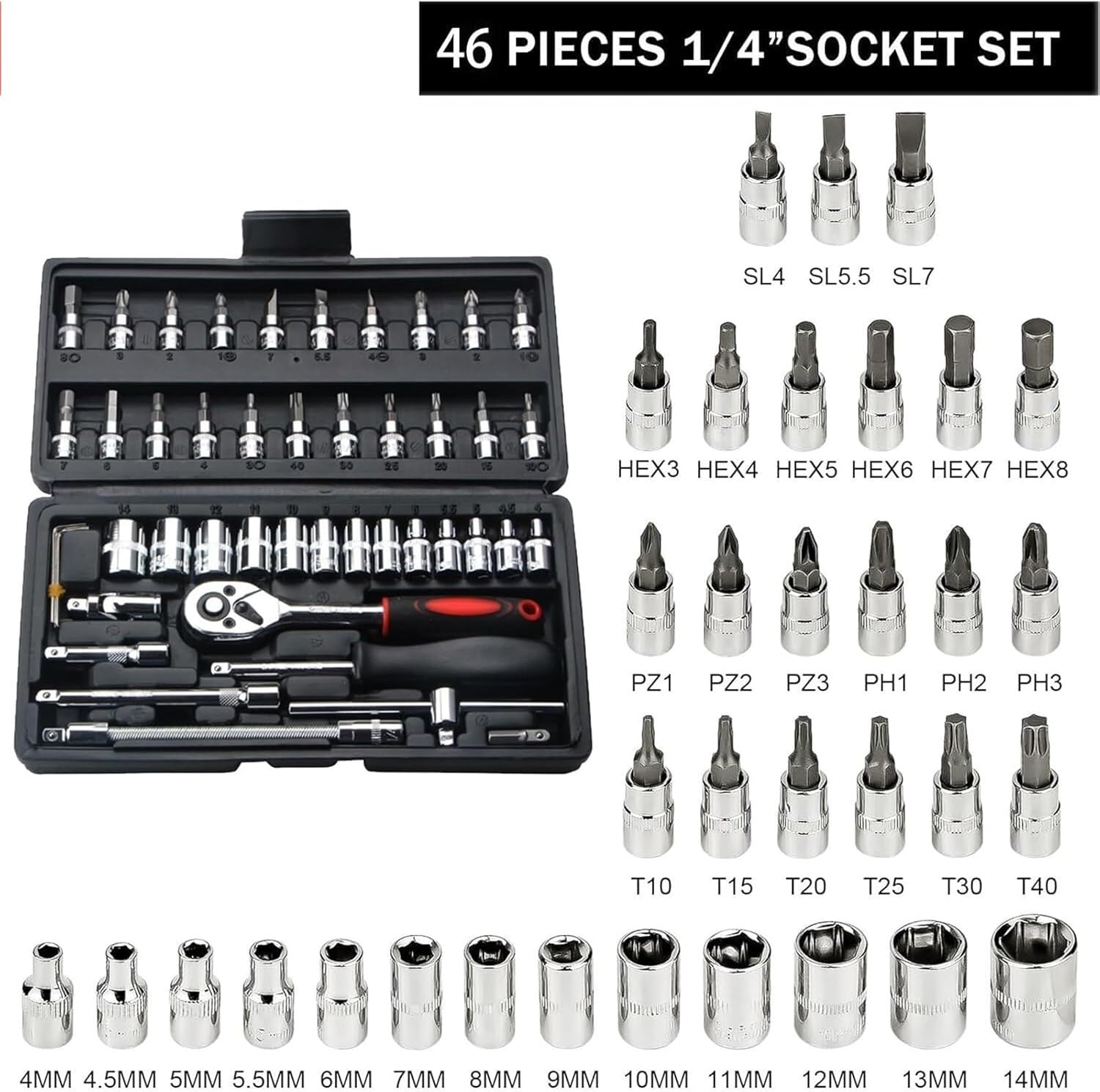 🚗 KFZ & Werkstatt – Car Tool 46-Piece Socket Set 1/4 Inch Socket Set with Ratchet Drive for Car Repair and Home Use Tool Box – Bild 2