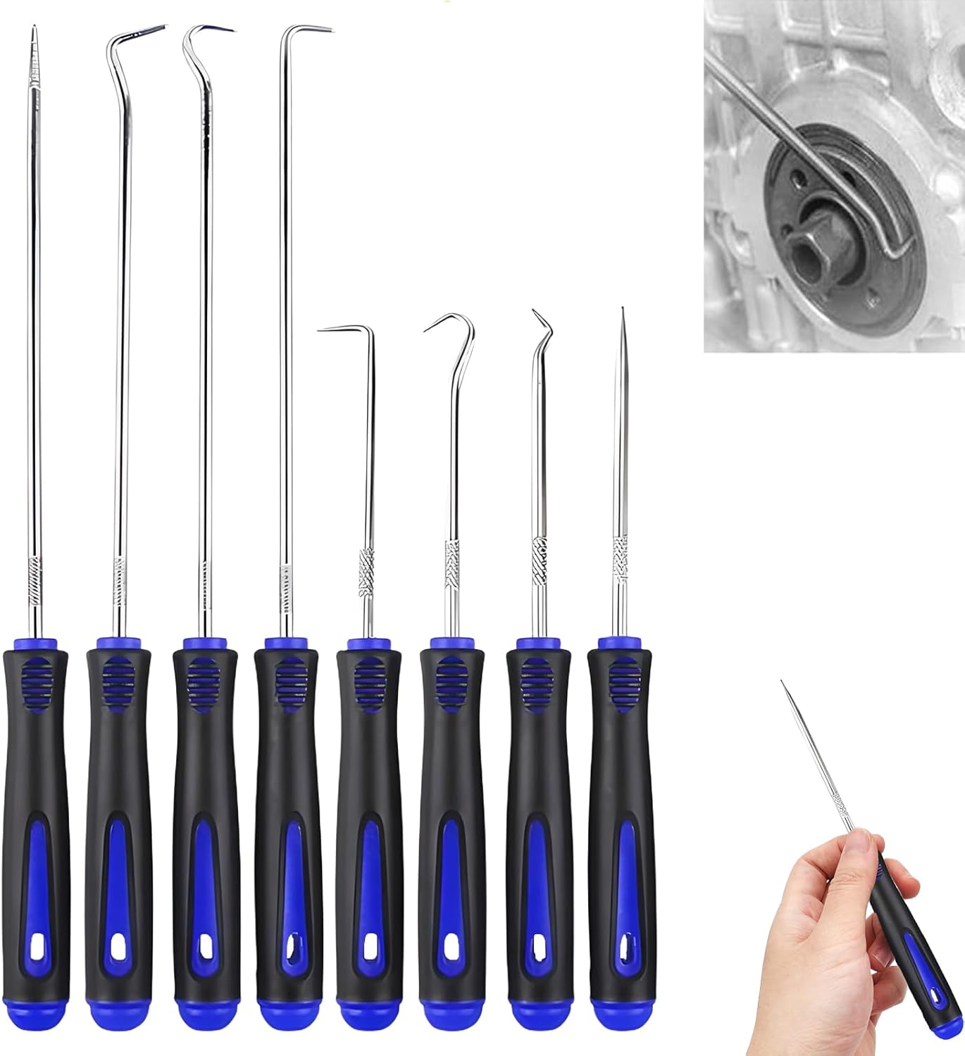 🚗 KFZ & Werkstatt – 8-Piece Precision Hook Car Tool, Mini Pick and Hook Set, Zinc Alloy + Rubber Handle, Long + Short Professional Hook Set, O Ring Puller, for Car Repair (Blue/Black 1)