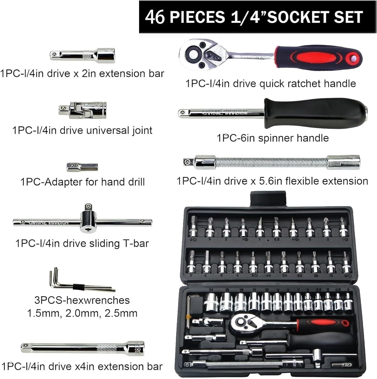 🚗 KFZ & Werkstatt – Car Tool 46-Piece Socket Set 1/4 Inch Socket Set with Ratchet Drive for Car Repair and Home Use Tool Box – Bild 3