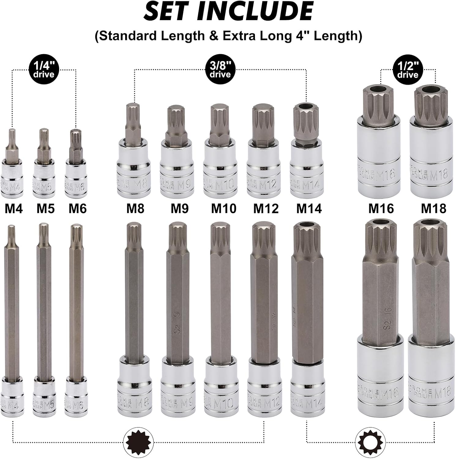 🚗 KFZ & Werkstatt – CASOMAN Spline Tip Bit Socket & XZN Triple Square Spline Bit Socket Set, 1/2 & 3/8 & 1/4-Inch Drive, 20-Piece Set, M4-M18, 12 Point Tamper Proof, CR-V & S2 Steel – Bild 2