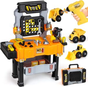 ⚒️ Bau & Montage – Lehoo Castle Werkbank Kinder, Kinder Werkzeug Set mit Bohrer und abnehmbarem Baufahrzeug, 2in1 Werkzeugkoffer und Werkzeugbank, STEM Lernspielzeug für Kinder ab 2 3 Jahren