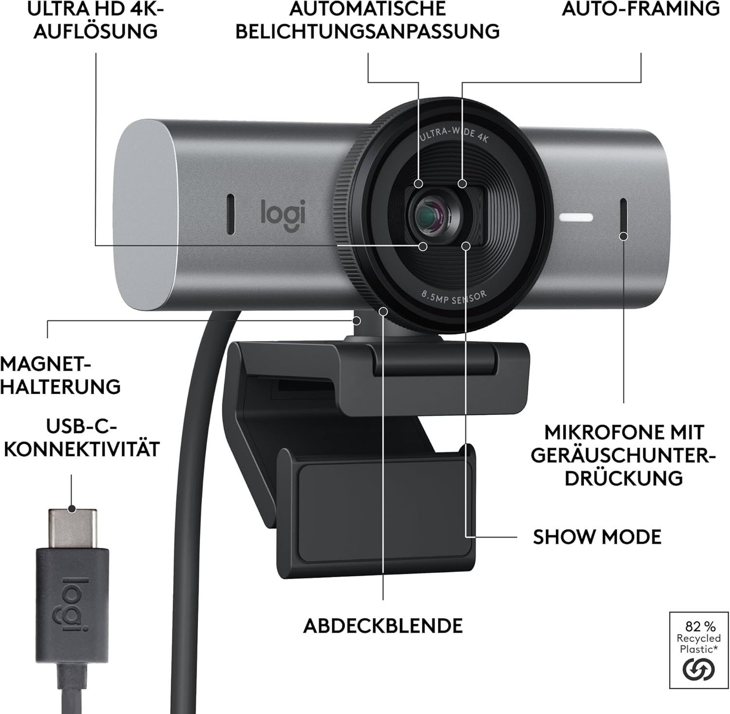 🔥 Angebote & Aktionen – Logitech MX Brio Ultra HD 4K Collaboration and Streaming Webcam, 1080p at 60 FPS, Dual Noise Reducing Mics, Show Mode, USB-C, Webcam Cover, Works with Microsoft Teams, Zoom, Google Meet, Graphite – Bild 7
