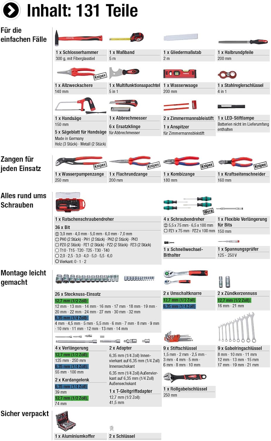 🔥 Angebote & Aktionen – Meister 8971490 109-Piece Tool Box, Solid Aluminium Case, Tool Set for the Home, Garage & Workshop, Professional, Filled Tool Box / Tool Chest / Complete Toolbox with Tools – Bild 3