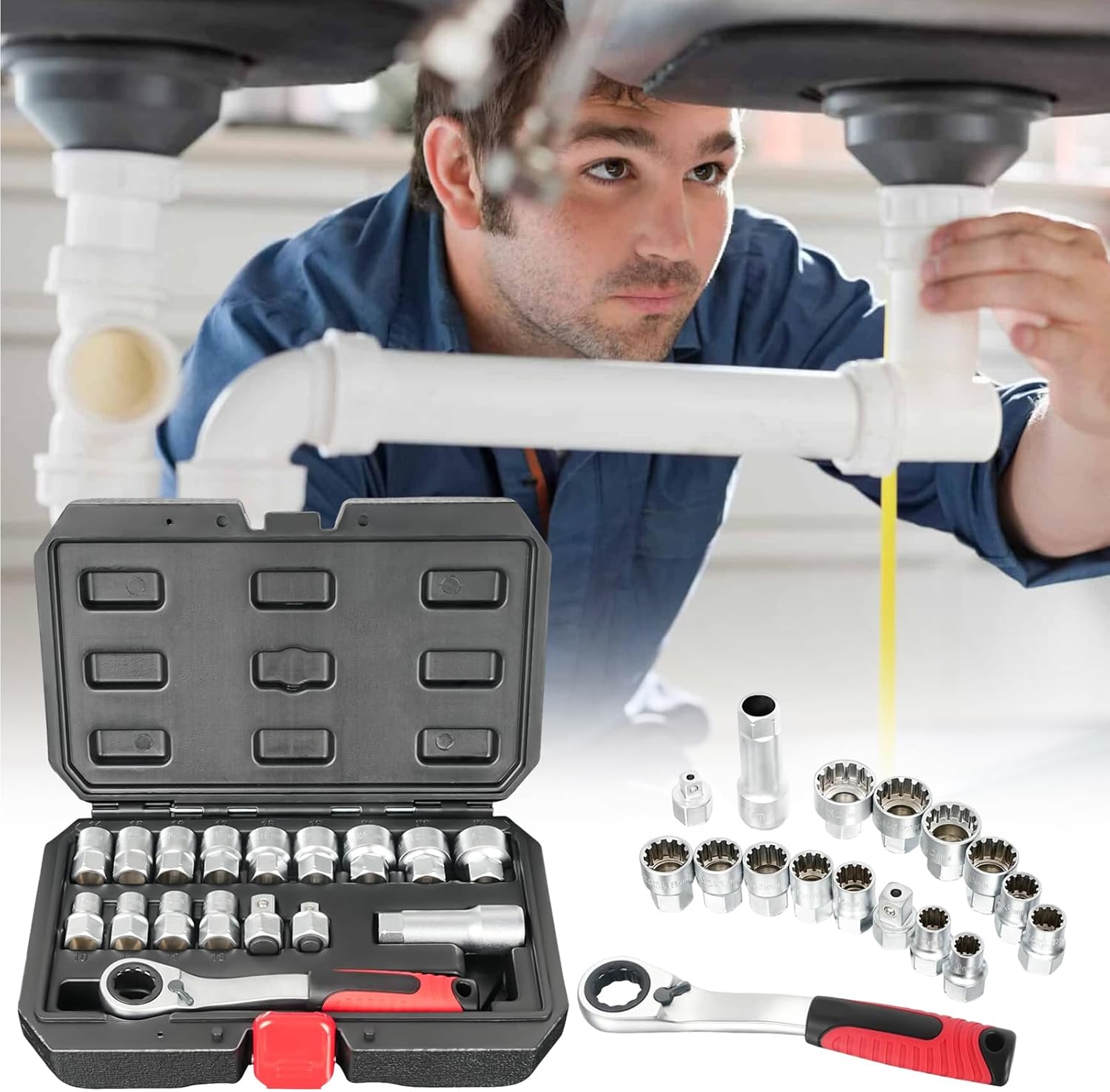 🚗 KFZ & Werkstatt – Steckschlüsselsatz - Mechaniker Werkzeugkoffer,Kompaktes Reparaturwerkzeug Set Für Kfz Wartung Sanitärarbeiten Elektroinstallation Und Mehr – Bild 3