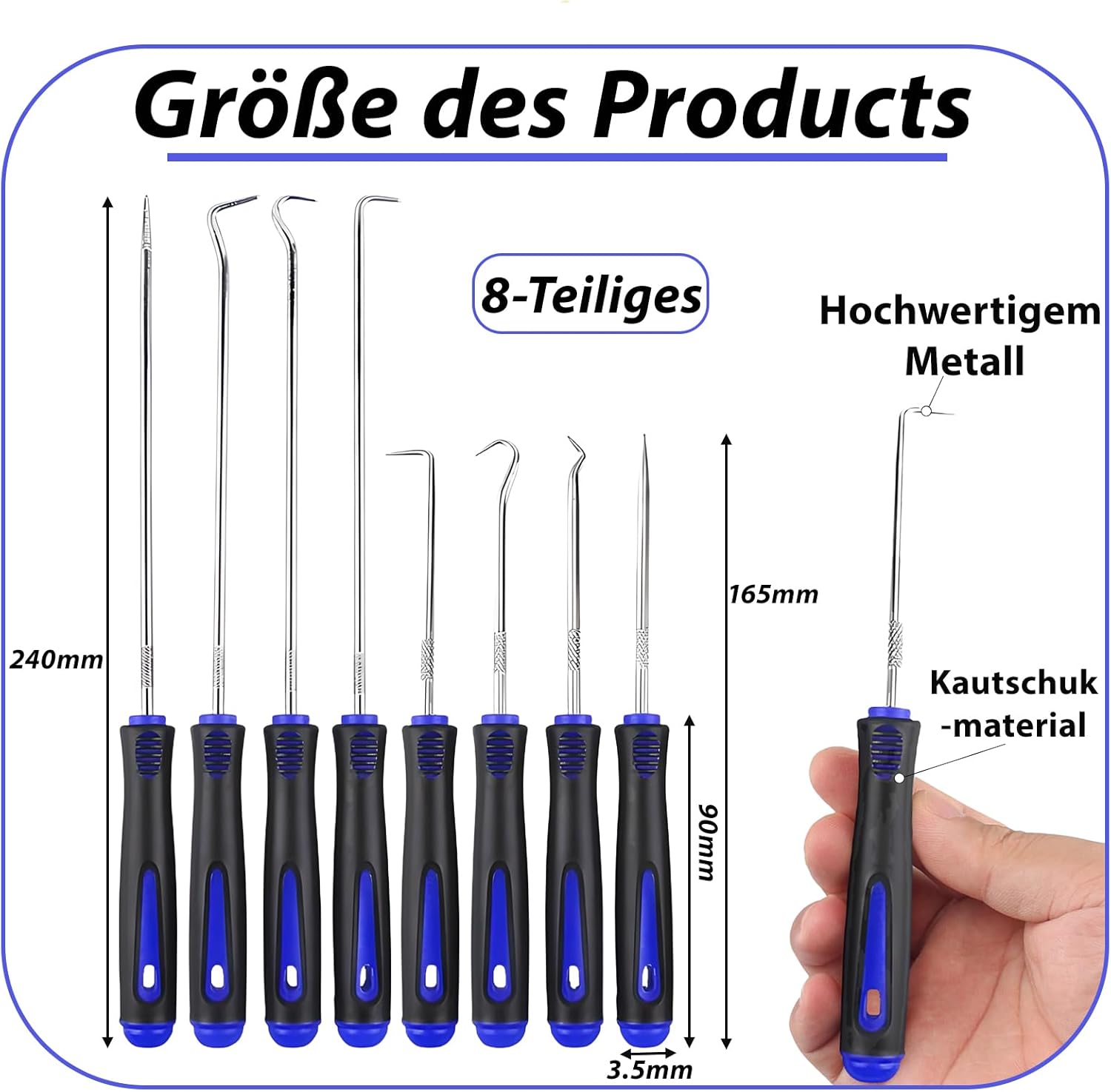 🚗 KFZ & Werkstatt – 8-Piece Precision Hook Car Tool, Mini Pick and Hook Set, Zinc Alloy + Rubber Handle, Long + Short Professional Hook Set, O Ring Puller, for Car Repair (Blue/Black 1) – Bild 2