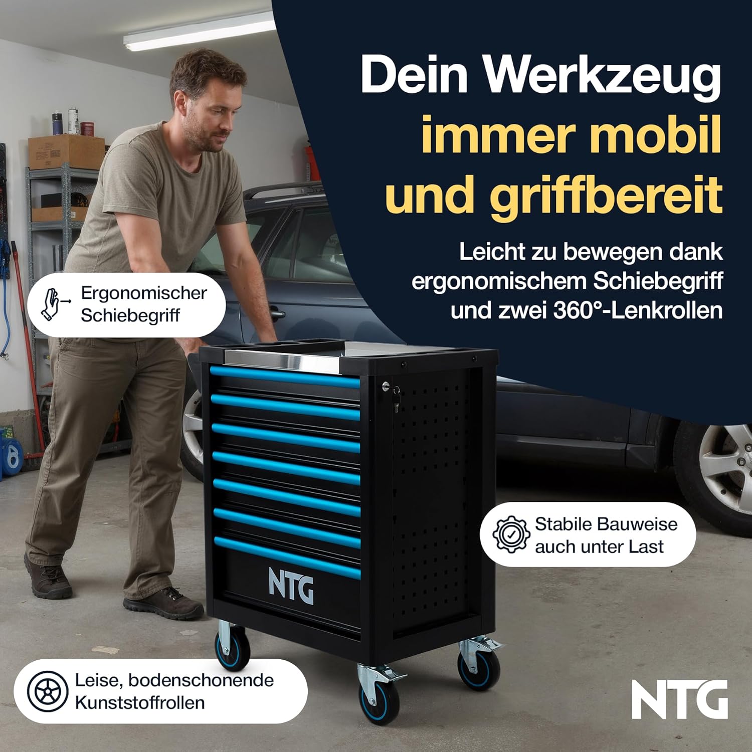 🚗 KFZ & Werkstatt – NTG Tool Trolley 7 Drawers Including 290 Pieces Tools - Workshop Trolley with Central Locking, Lockable, Mobile with Wheels - Professional Tool Box on Wheels for Workshop & Garage – Bild 3