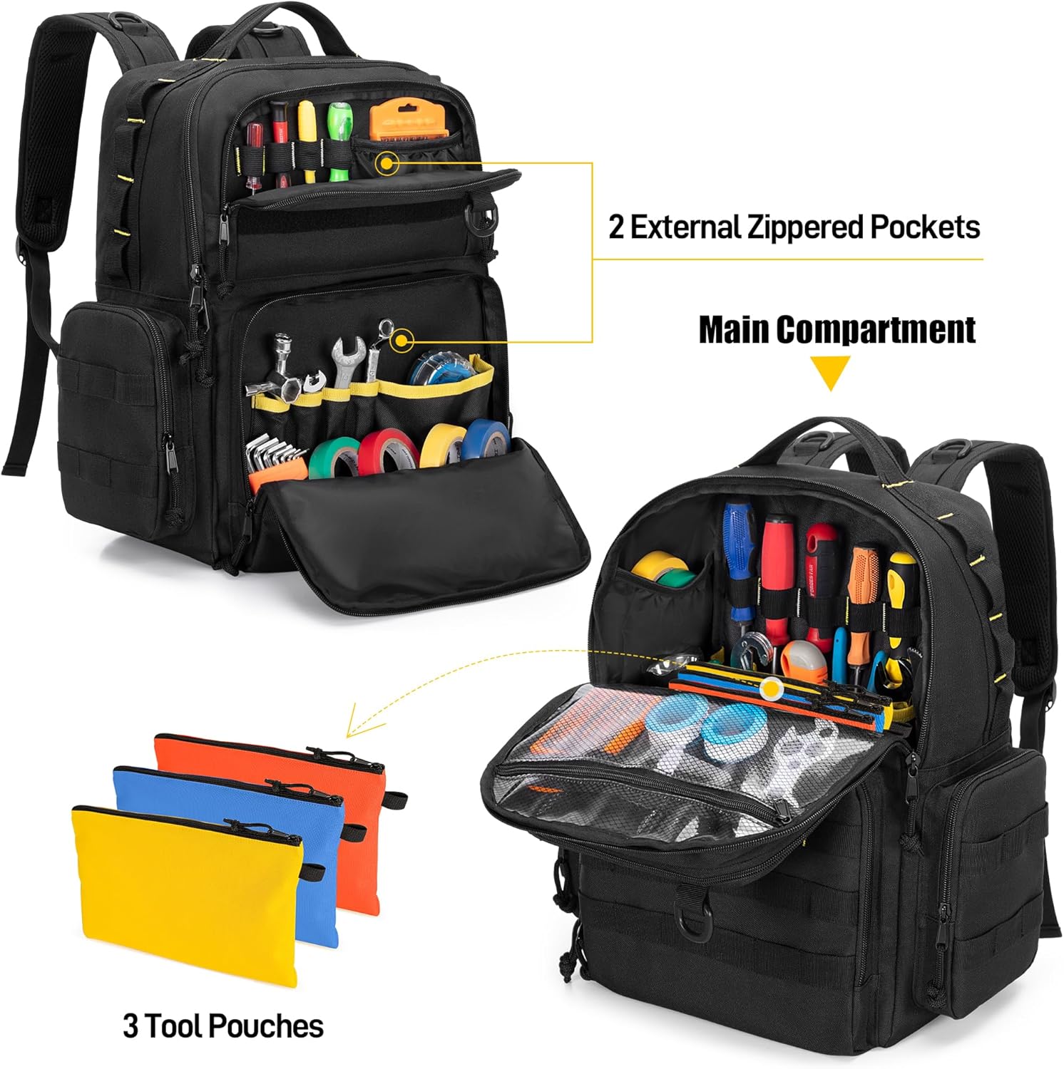 ⚡ Elektro & Technik – Werkzeugrucksack für Herren mit 3 kleinen Werkzeugtaschen, Organizer-Tasche zur Werkzeugaufbewahrung, taktische Arbeits-Werkzeugtasche für Elektriker, Handwerker, Schwarz – Bild 3