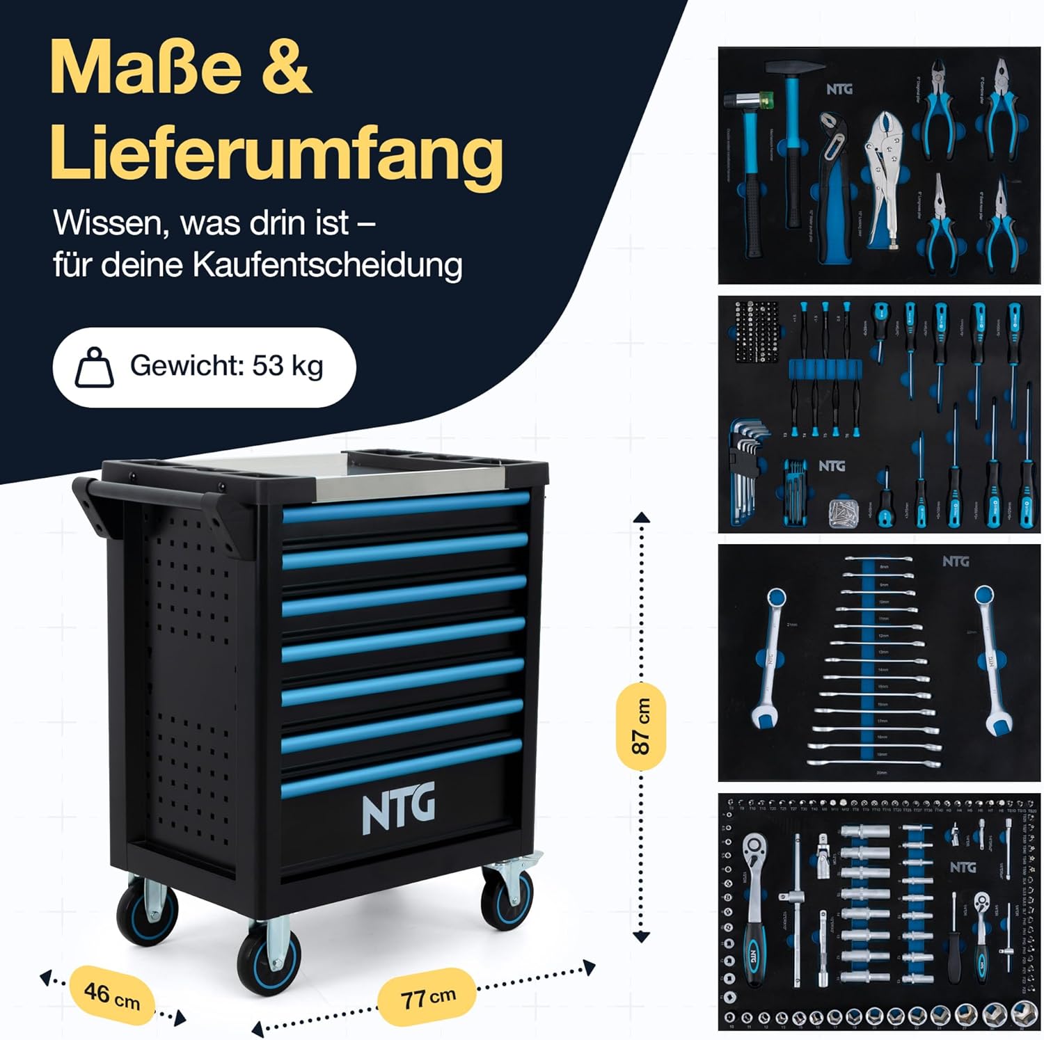 🚗 KFZ & Werkstatt – NTG Tool Trolley 7 Drawers Including 290 Pieces Tools - Workshop Trolley with Central Locking, Lockable, Mobile with Wheels - Professional Tool Box on Wheels for Workshop & Garage – Bild 7