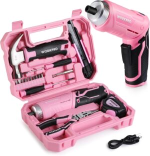 🔥 Angebote & Aktionen – WORKPRO Tool Set Pink 18 Pieces with USB C Cordless Screwdriver, Small, Pink Tool Box Filled Household, Tool Set for DIY, Children, DIY Crafts
