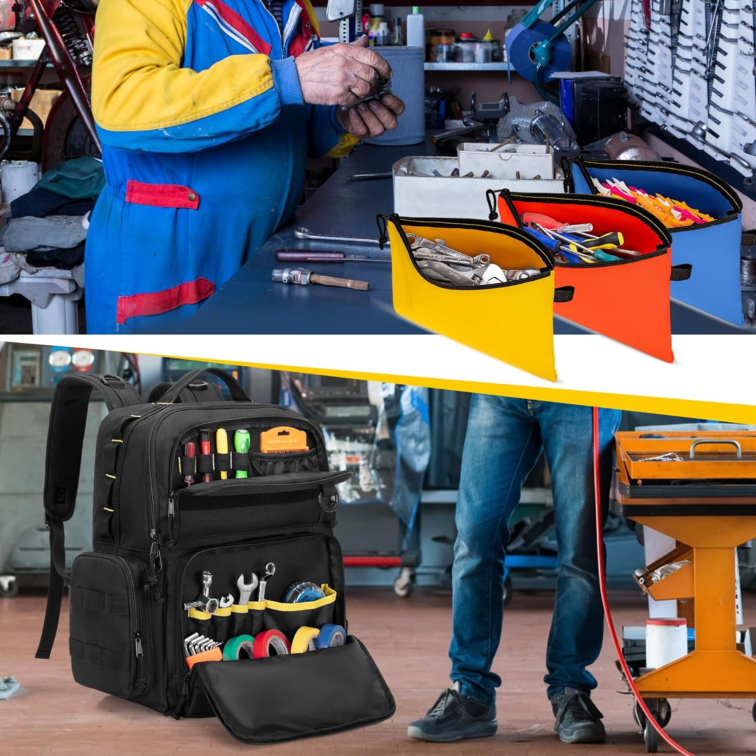 ⚡ Elektro & Technik – Werkzeugrucksack für Herren mit 3 kleinen Werkzeugtaschen, Organizer-Tasche zur Werkzeugaufbewahrung, taktische Arbeits-Werkzeugtasche für Elektriker, Handwerker, Schwarz – Bild 7