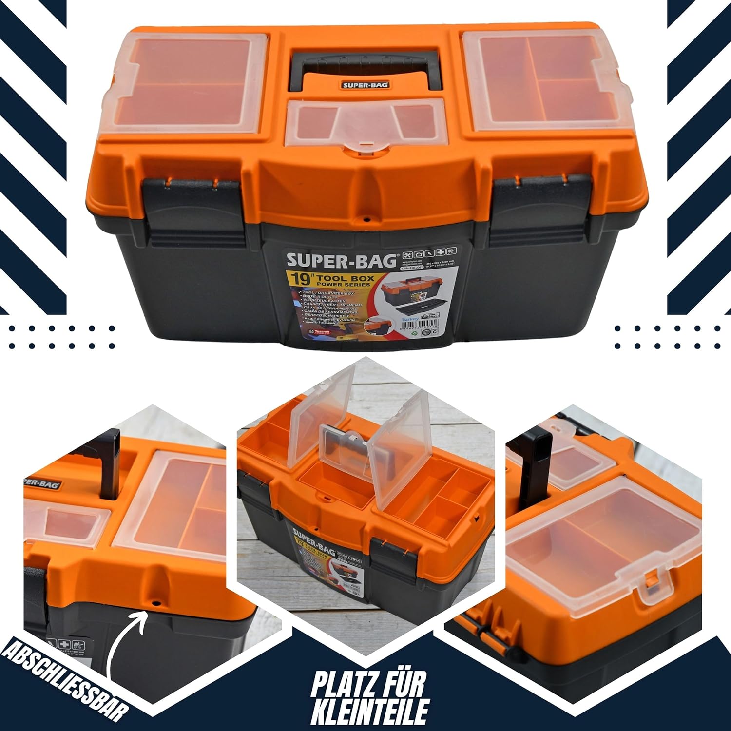 🔥 Angebote & Aktionen – Empty Classic Tool Box 19 Inches (49 x 26 x 24 cm), Lockable, Tool Box with Handle and Small Parts Compartments & Ideal for DIY, Craftsmen, Plastic Tool Box – Bild 3