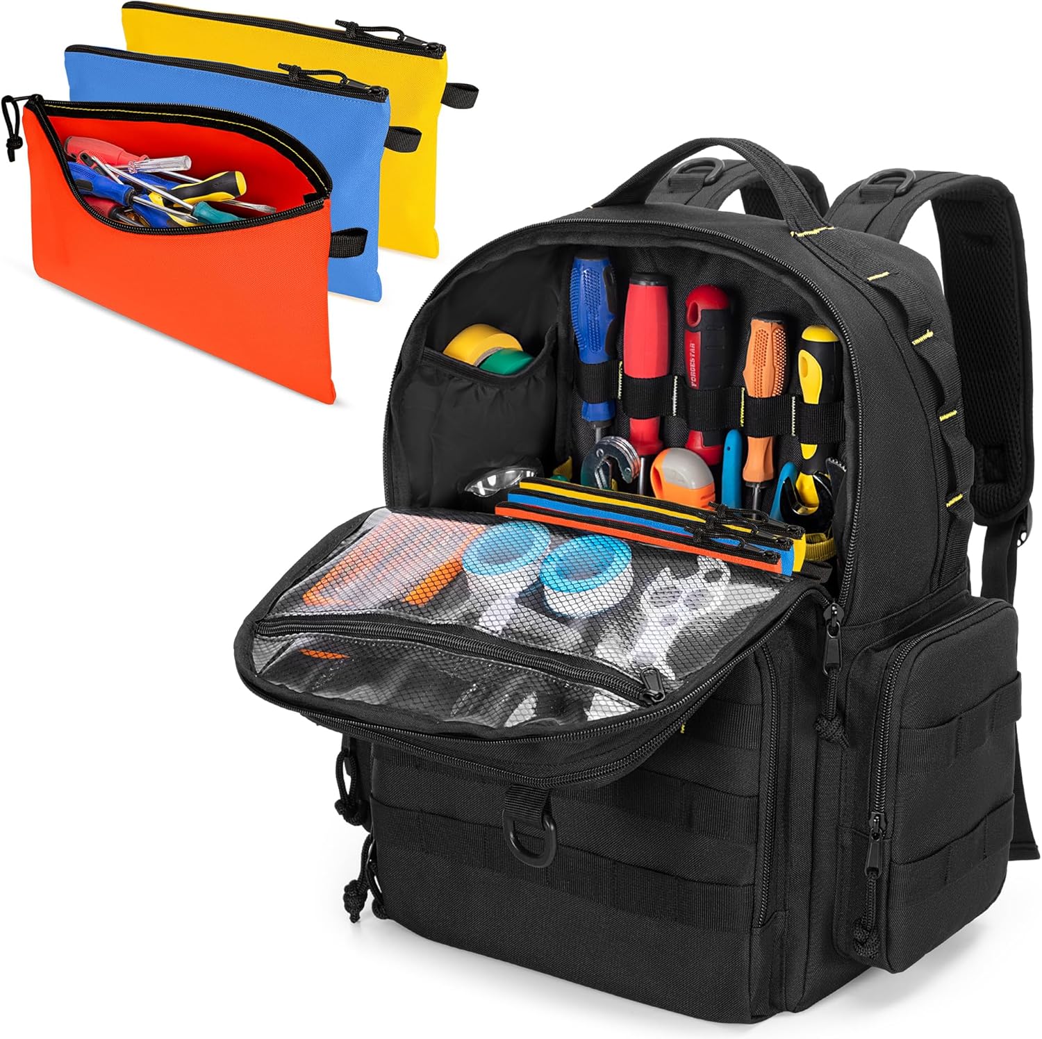 ⚡ Elektro & Technik – Werkzeugrucksack für Herren mit 3 kleinen Werkzeugtaschen, Organizer-Tasche zur Werkzeugaufbewahrung, taktische Arbeits-Werkzeugtasche für Elektriker, Handwerker, Schwarz