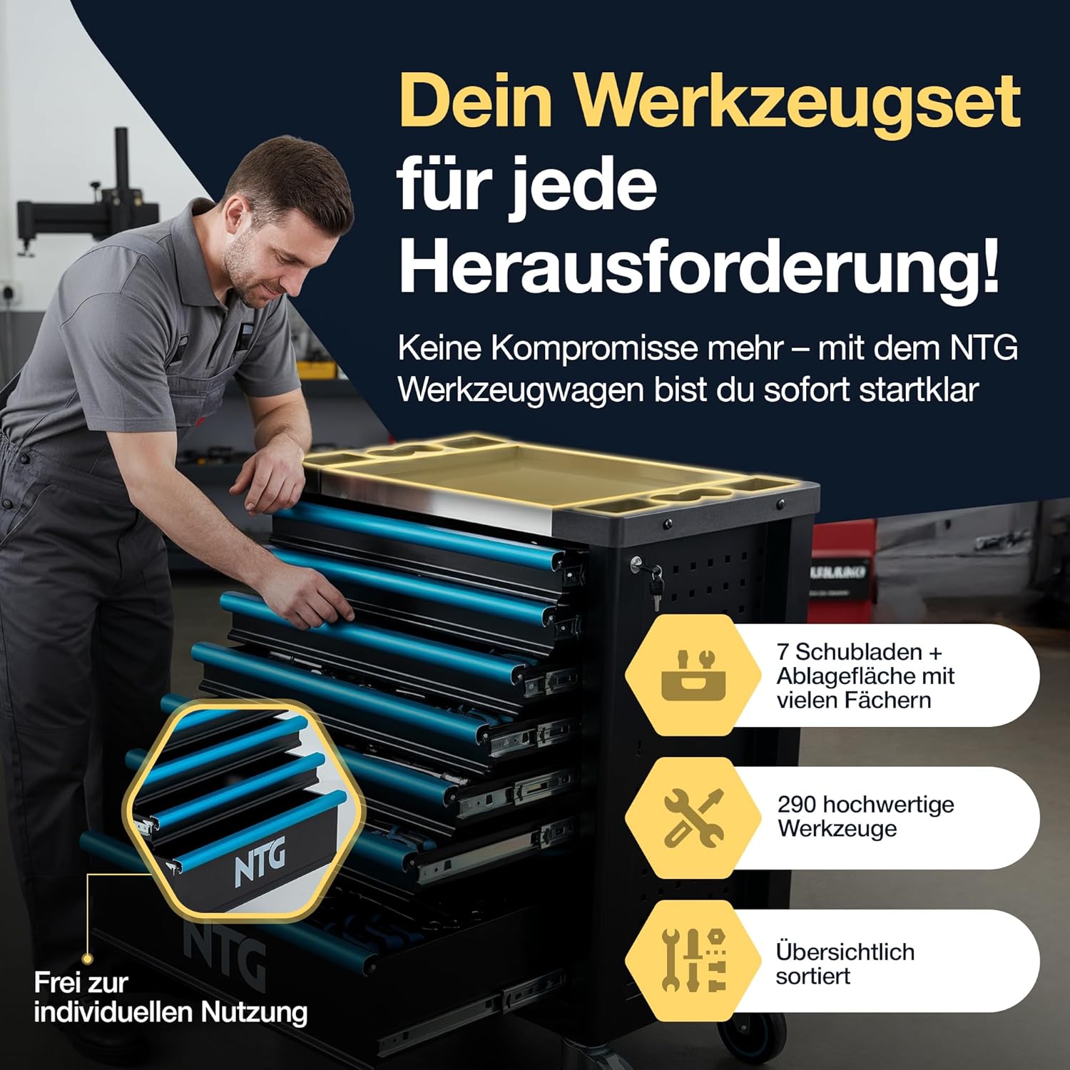🚗 KFZ & Werkstatt – NTG Tool Trolley 7 Drawers Including 290 Pieces Tools - Workshop Trolley with Central Locking, Lockable, Mobile with Wheels - Professional Tool Box on Wheels for Workshop & Garage – Bild 2