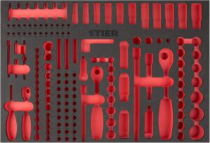 🚗 KFZ & Werkstatt – STIER Soft foam insert (EVA) for socket spanner set, 179 pieces, empty, for workbench and workshop trolley, 570 x 400 x 30 mm, with milled quick finder labels