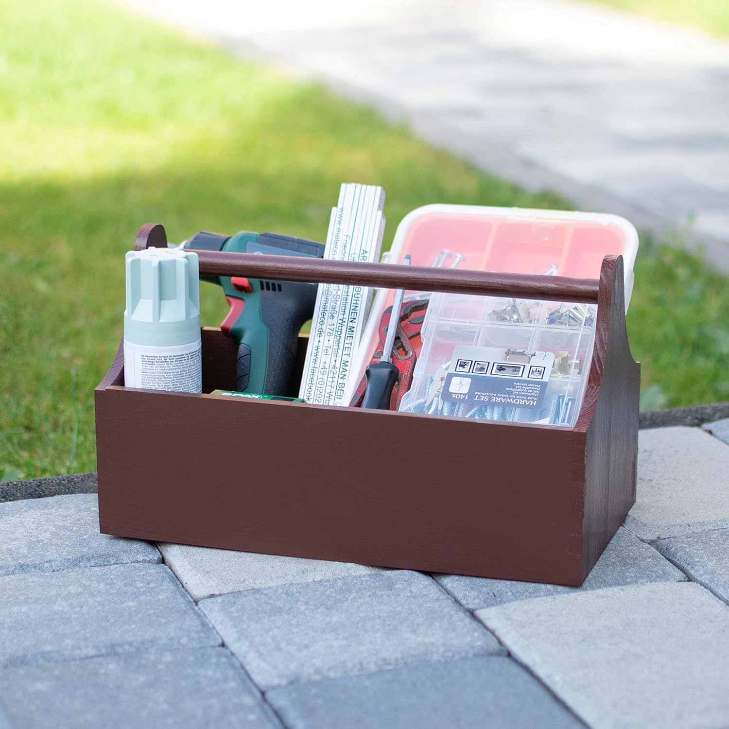🔥 Angebote & Aktionen – Wooden toolbox with carrying handle - Pine Brown Lacquered - approx. 34 x 20 x 18 cm - Grinscard – Bild 7