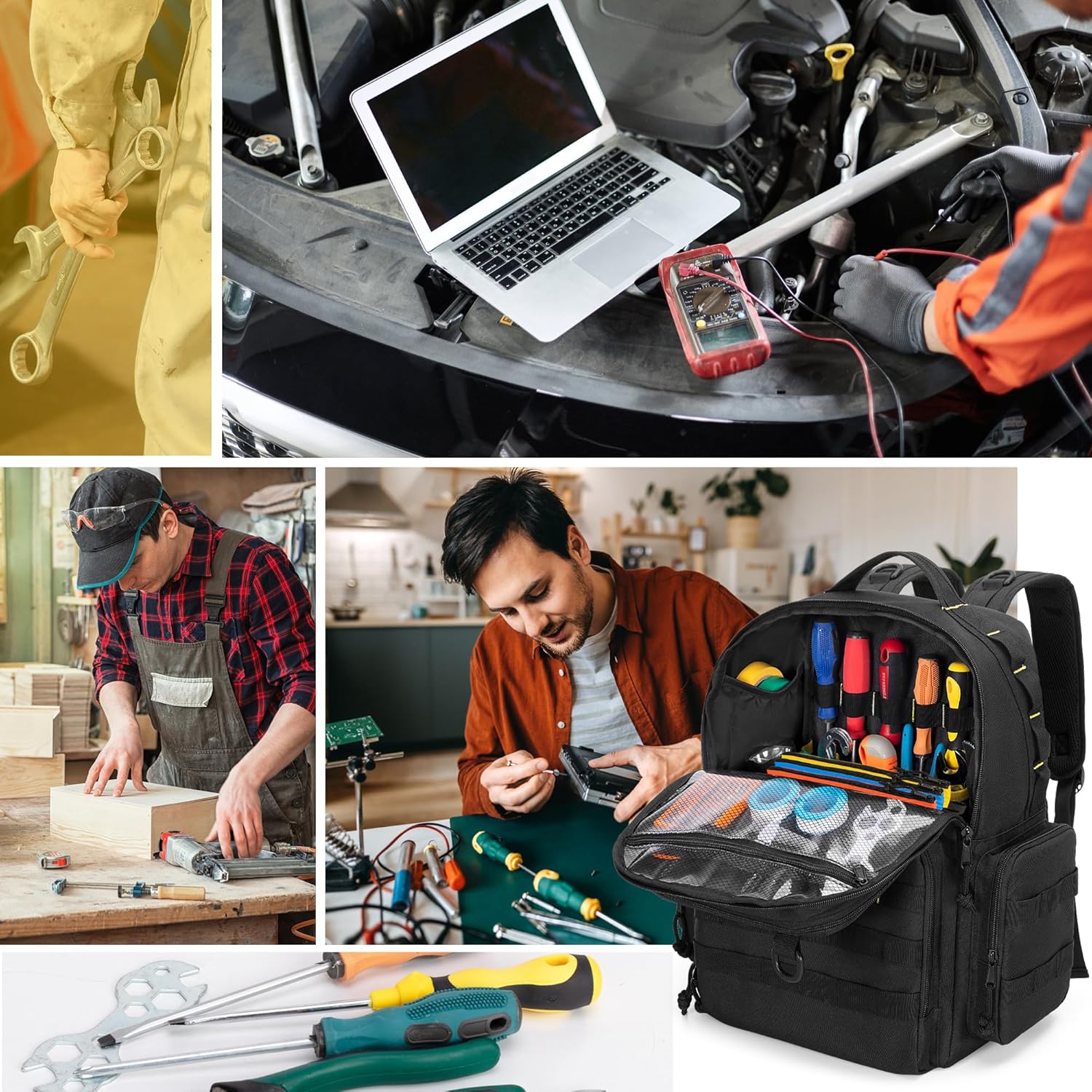 ⚡ Elektro & Technik – Werkzeugrucksack für Herren mit 3 kleinen Werkzeugtaschen, Organizer-Tasche zur Werkzeugaufbewahrung, taktische Arbeits-Werkzeugtasche für Elektriker, Handwerker, Schwarz – Bild 8