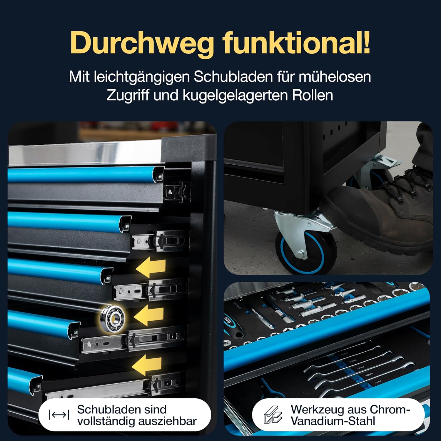 🚗 KFZ & Werkstatt – NTG Tool Trolley 7 Drawers Including 290 Pieces Tools - Workshop Trolley with Central Locking, Lockable, Mobile with Wheels - Professional Tool Box on Wheels for Workshop & Garage – Bild 6