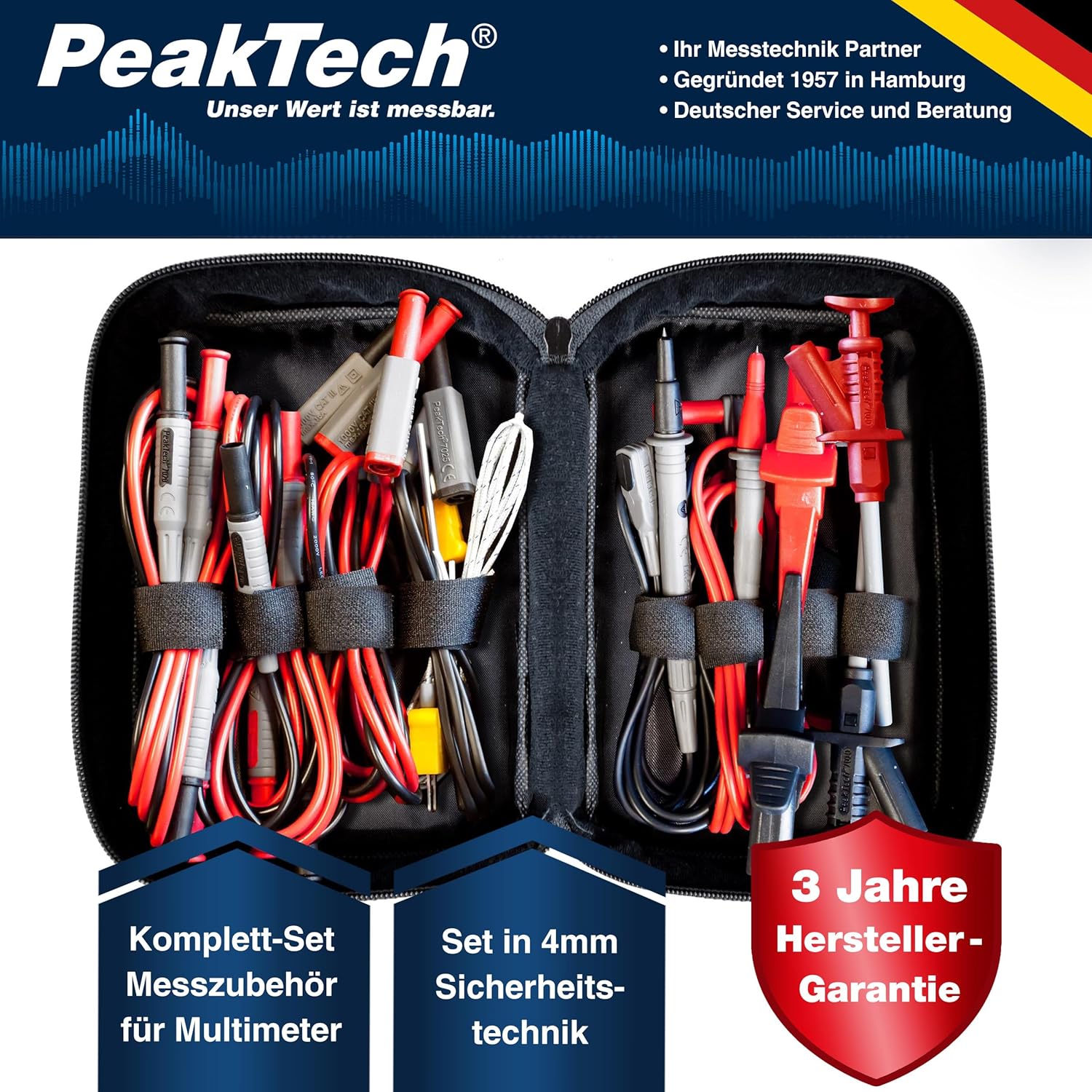 ⚡ Elektro & Technik – Peak Tech P 8200 – Messzubehör-Set für Digitalmultimeter, Prüfkabel-Set, Elektronik-Sortiment mit Prüfkabeln, Laborleitungen, Messleitungen, Krokodilklemmen, batteriebetrieben – 14-teilig inkl. Tasche – Bild 2