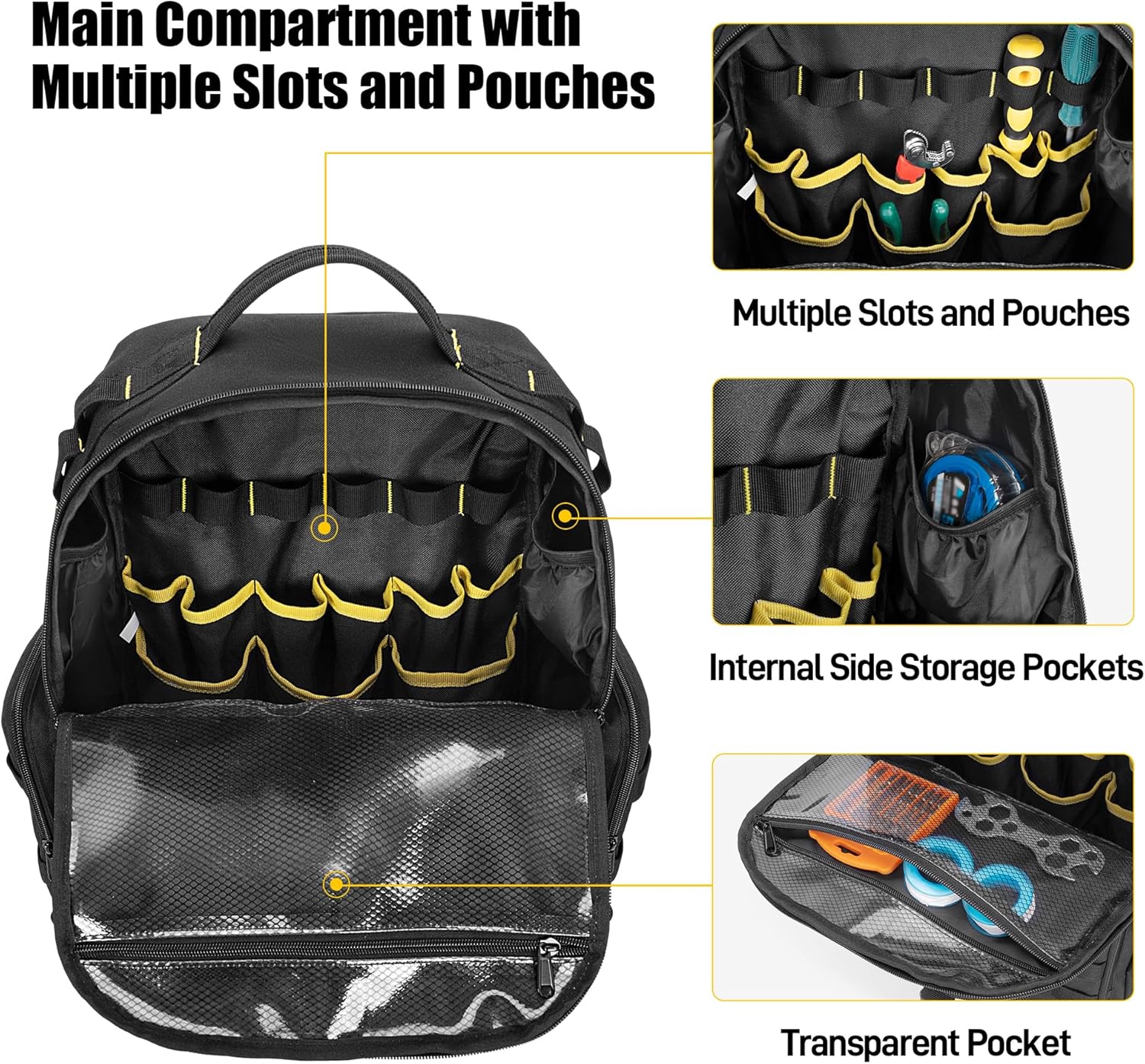 ⚡ Elektro & Technik – Werkzeugrucksack für Herren mit 3 kleinen Werkzeugtaschen, Organizer-Tasche zur Werkzeugaufbewahrung, taktische Arbeits-Werkzeugtasche für Elektriker, Handwerker, Schwarz – Bild 2